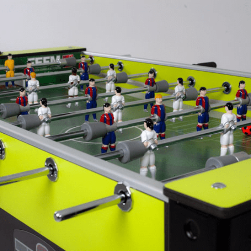 Sam Leisure Tecno Professional Futbolin Football Table neon green and black footballers inside view 