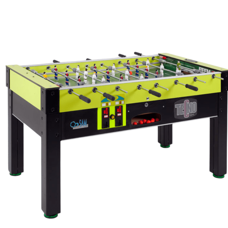 Sam Leisure Tecno Professional Futbolin Football Table neon green and black side view 